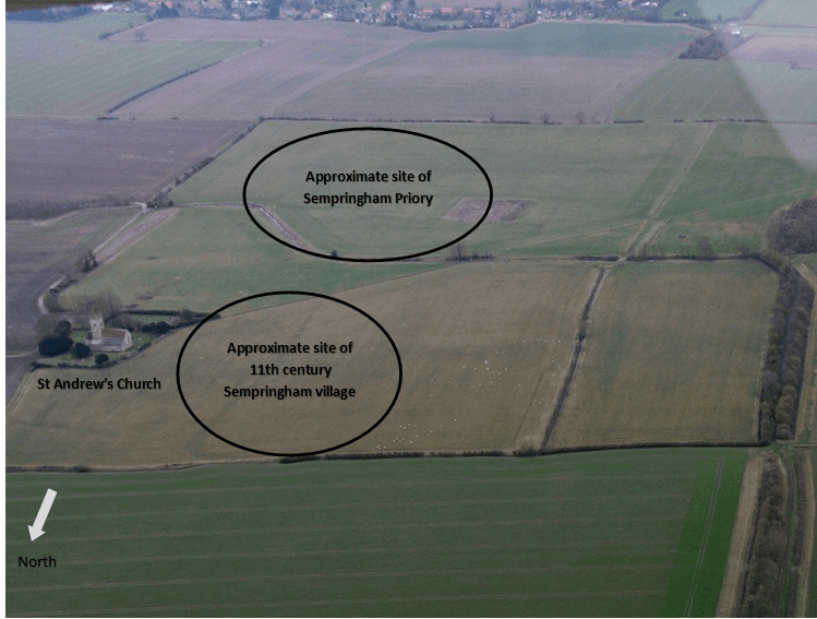 Arial photo of St Andrew's church and surrounding fields from the north, showing approximate locations of the Priory site and village. 