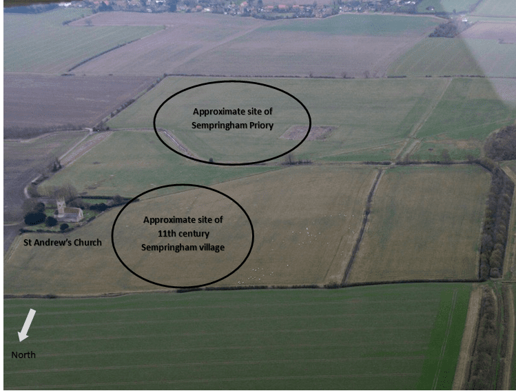 Arial photo of St Andrew's church and surrounding fields from the north, showing approximate locations of the Priory site and village.