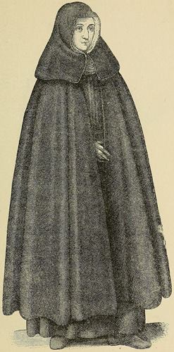 Illustration of a Gilbertine Nun dressed in a black habit, cloak and hood