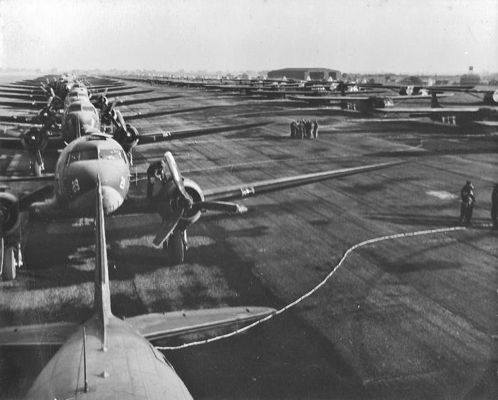 Massed ranks of American Troop Carrier Command C47s at RAF Folkingham